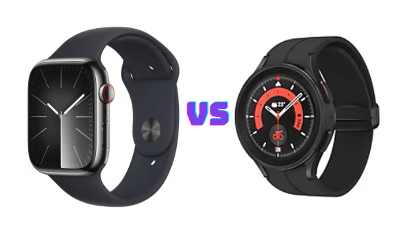 Foto lado a lado do Apple Watch Series 9 e do Samsung Galaxy Watch5 Pro.