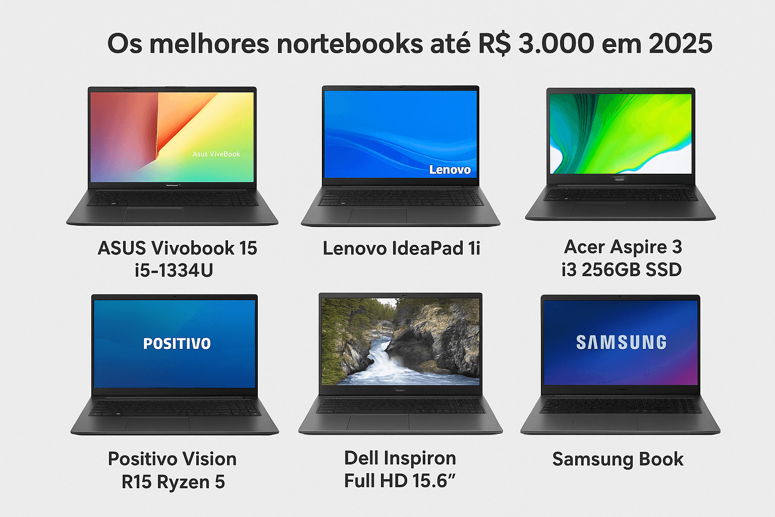 Imagem comparativa dos melhores notebooks até R$ 3.000 em 2025, incluindo modelos da ASUS, Lenovo, Acer, Dell, Samsung e Positivo.