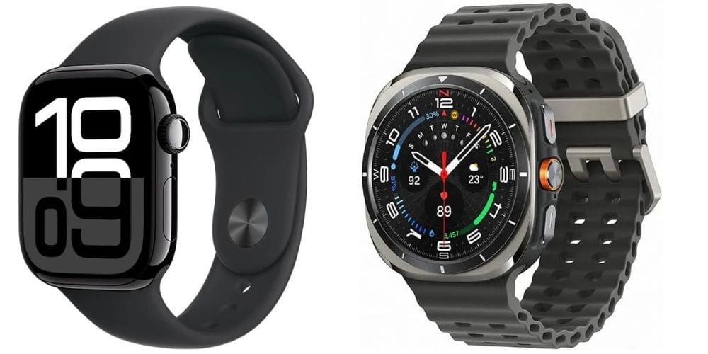 Apple Watch Series 10 e Samsung Galaxy Watch Ultra lado a lado.