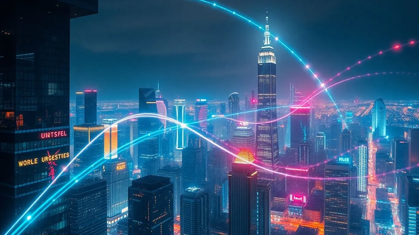 Sinais de conexão 5G sobre uma cidade futurista.