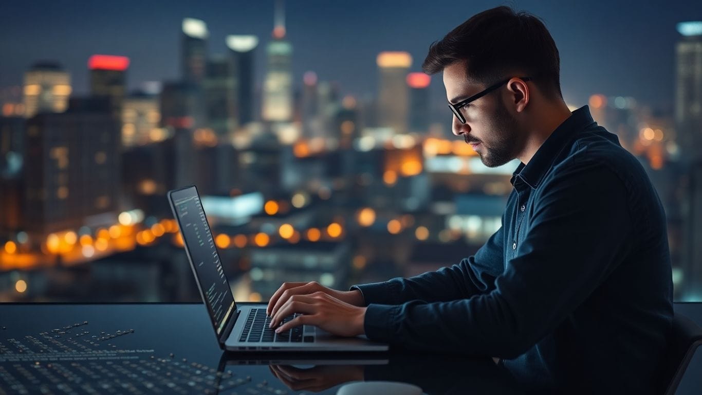 Desenvolvedor de software trabalhando em um laptop.