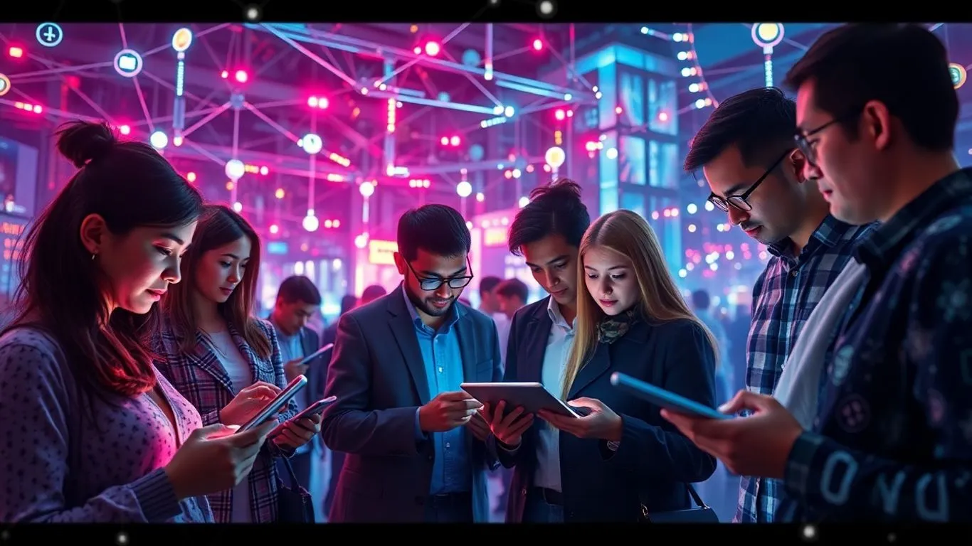 tecnologia na sociedade conectando pessoas e dispositivos.